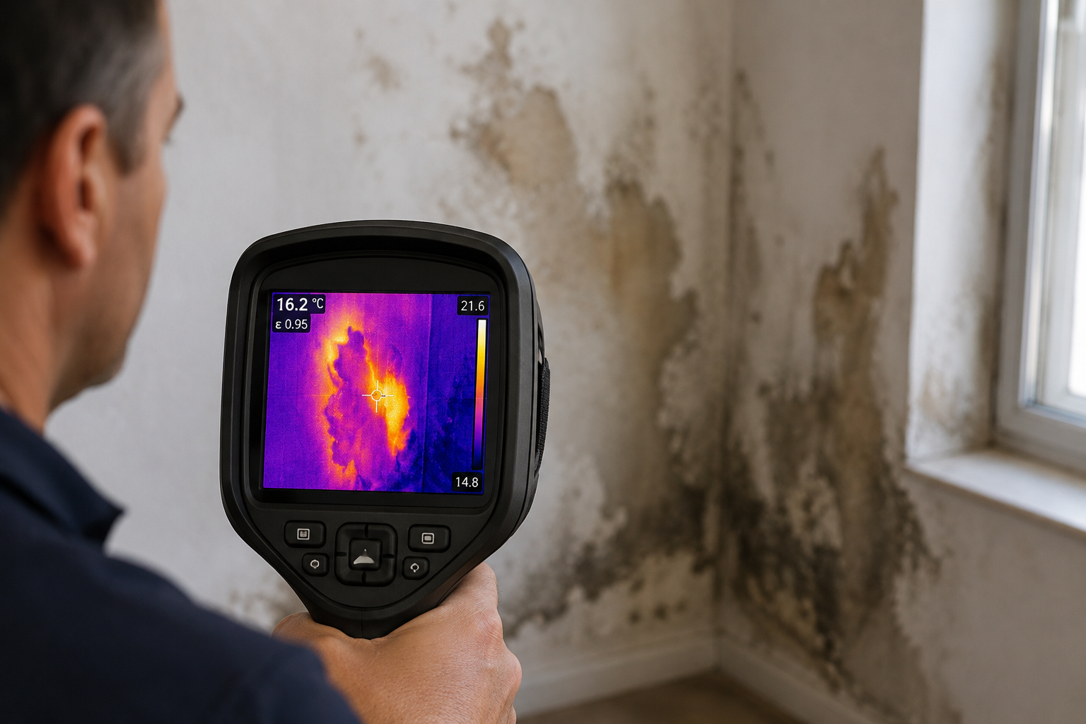 Técnico de Arrel Solucions inspeccionando una pared con cámara termográfica