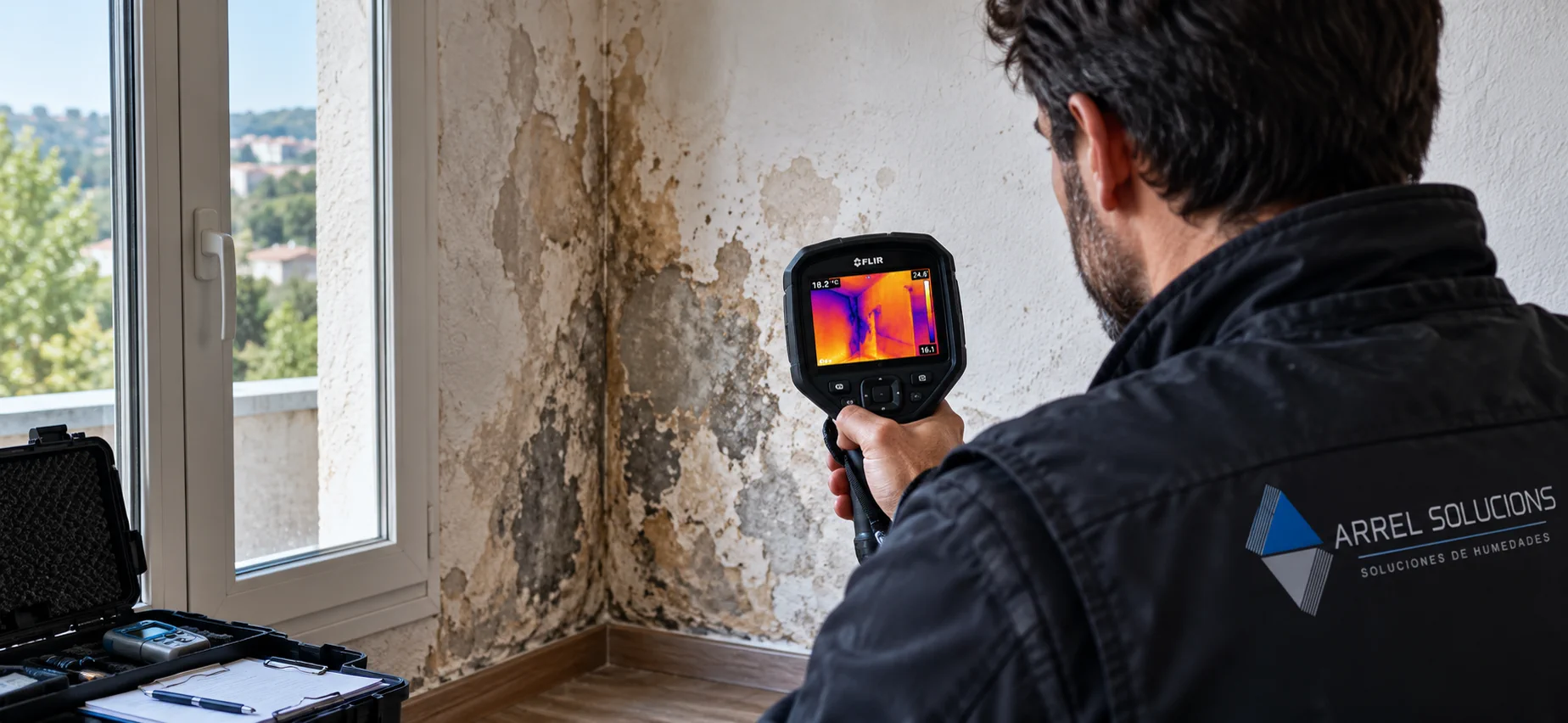 Técnico de Arrel Solucions inspeccionando una pared con una cámara termográfica