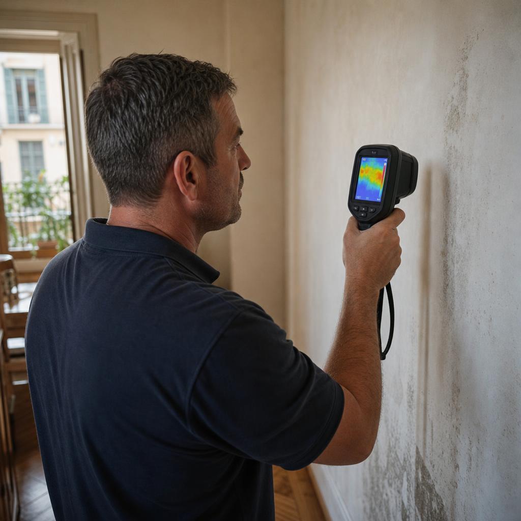 Técnico de Arrel Solucions inspeccionando una pared con cámara termográfica